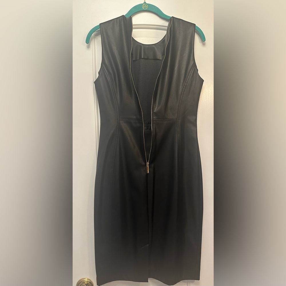 CALVIN KLEIN Size 4 Black Sleeveless Faux Leather Gold Zipper Midi Dress - Picture 6 of 8